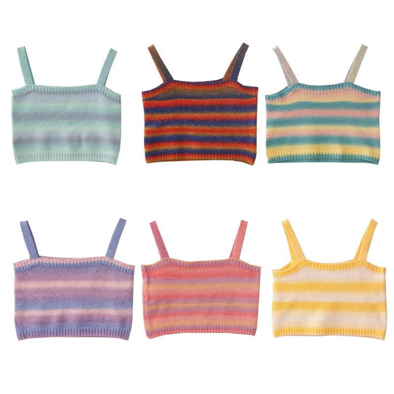 Brroa Áo Croptop Dệt Kim Không Tay Hở Vai Ôm Dáng Kẻ Sọc Cầu Vồng Ngọt Ngào Mùa Hè Cho Nữ Sw