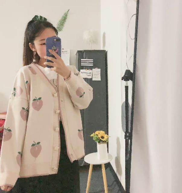 (Sẵn) Áo cardigan len họa tiết quả đào tông màu pastel dễ thương trẻ trung nữ ...