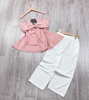 Set áo 2s nơ mix quần suông trắng