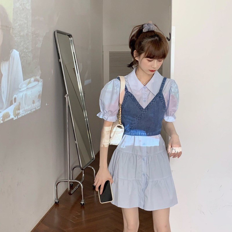 Set váy babydoll cổ sơmi + yếm siêu xinh có bigsize 4xl