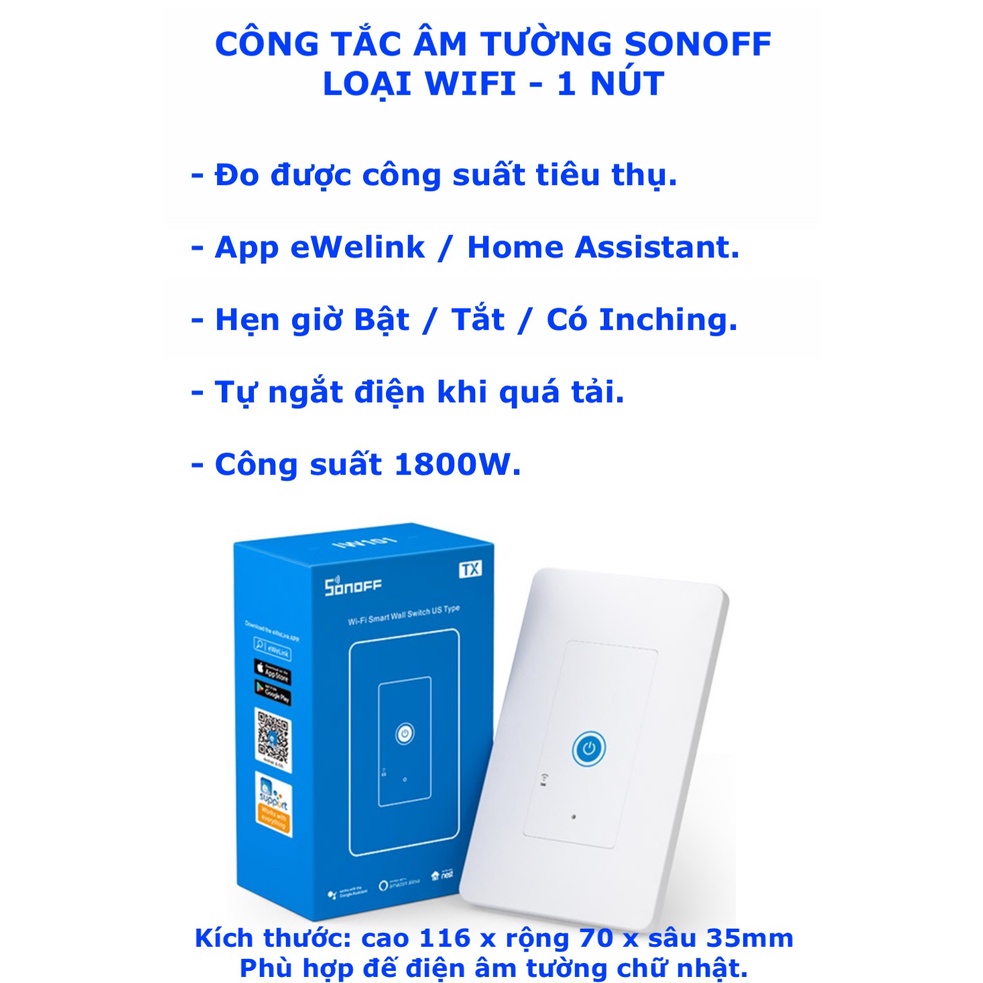 Công tắc thông minh Wifi eWelink, nút cảm ứng, kính cường lực.