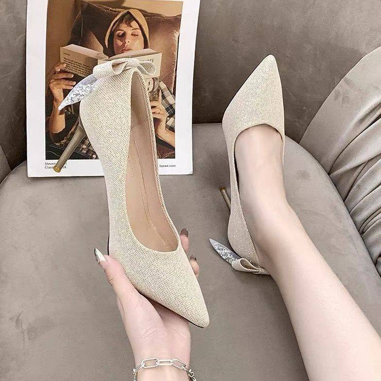 Giày Cao Gót Mũi Nhọn Đính Nơ Kiểu Pháp Dễ Thương Cho Nữ