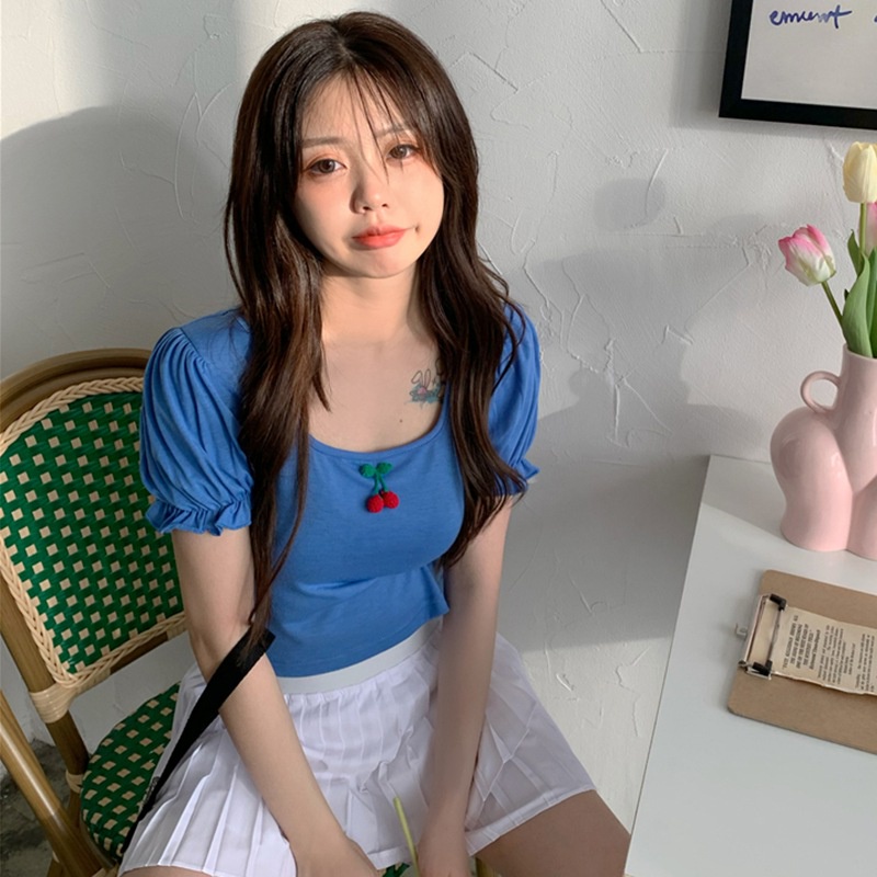 Áo Thun Crop Top Tay Ngắn Phồng Cổ Tròn In Họa Tiết Quả Anh Đào Thời Trang Mùa Hè Phong Cách Hàn Quốc Cho Nữ