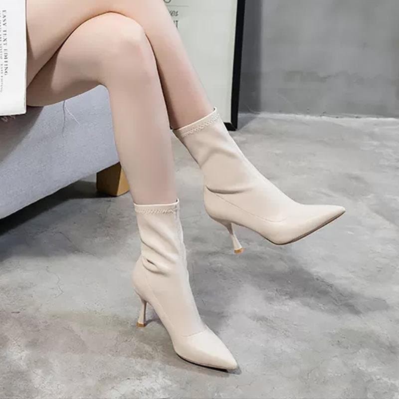 Boots nữ cao gót cổ cao cách điệu sang chảnh da si mềm cao cấp - Bốt nữ 8cm 2 màu Đen Kem (y size)