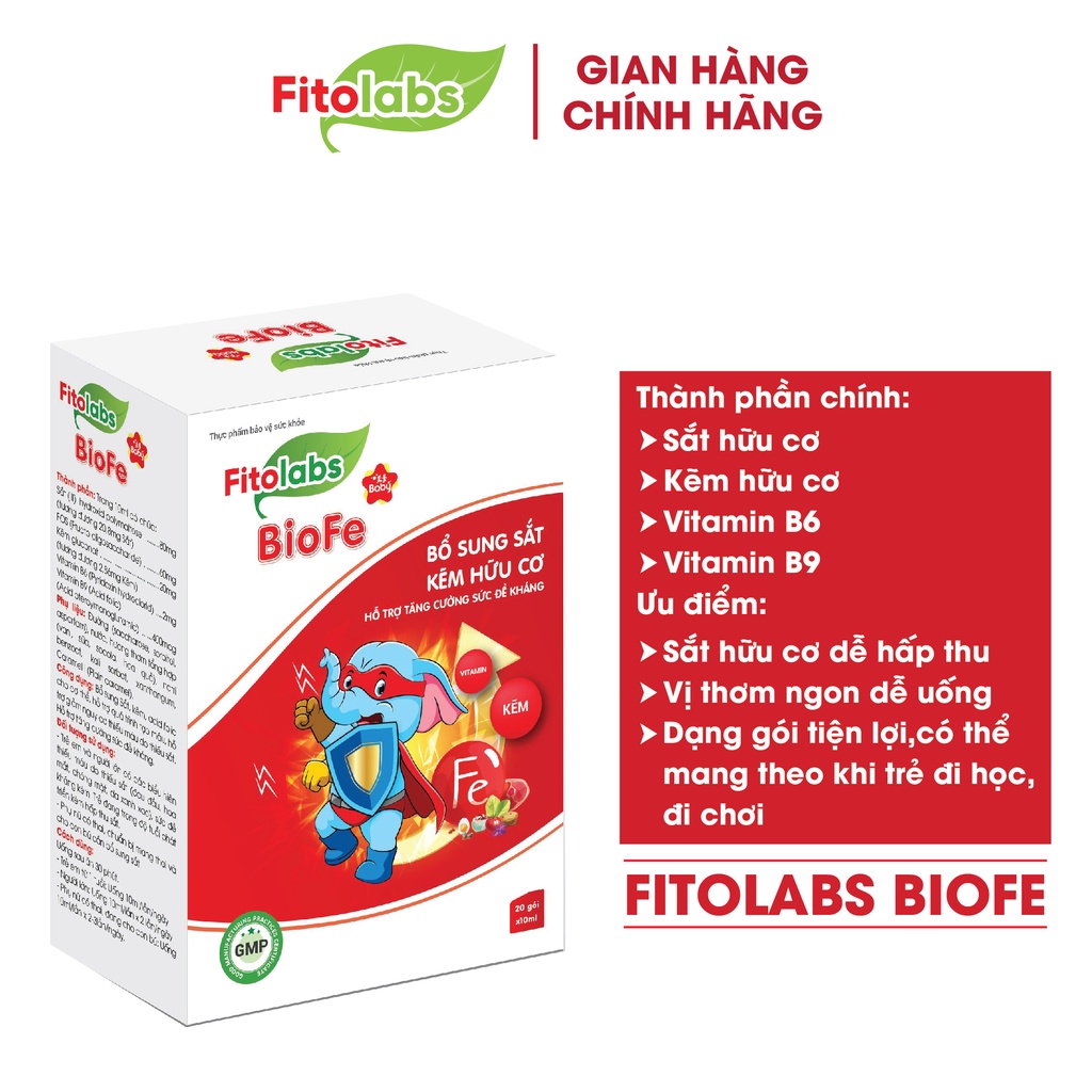 Thực Phẩm Bổ Sung Sắt Và Kẽm Hữu Cơ Cho Bé Fitolabs BioFe Tăng Cường Đề Kháng, Giảm Thiếu Máu, An Toàn Hộp 20 Gói FITO9