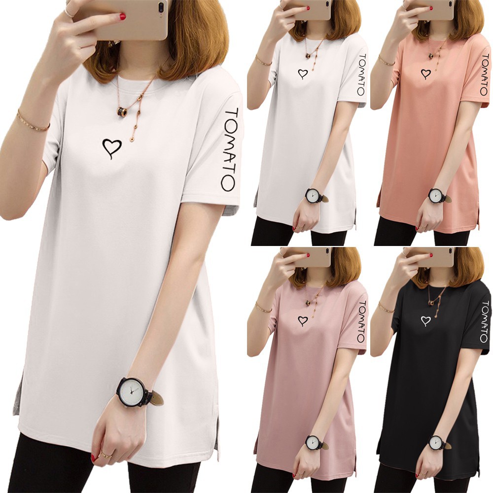 Áo thun tay ngắn in họa tiết trái tim và chữ cái phong cách đơn giản thời trang