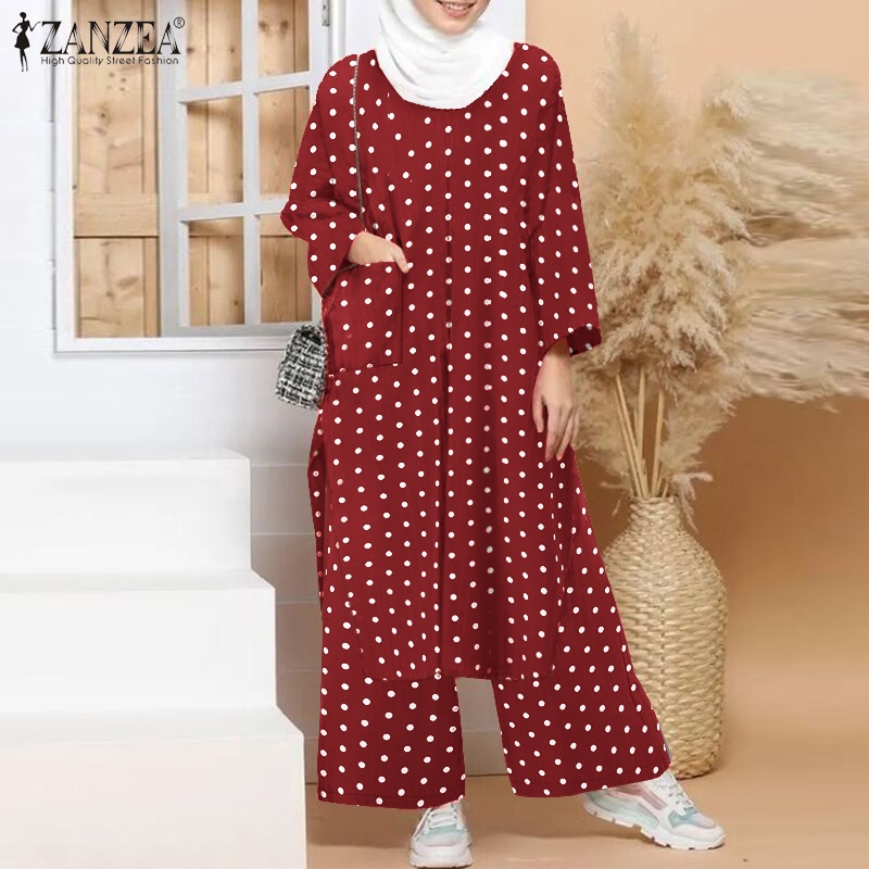 Set áo dài xẻ tà và quần dài Zanzea họa tiết chấm bi giản đơn thời trang cho nữ