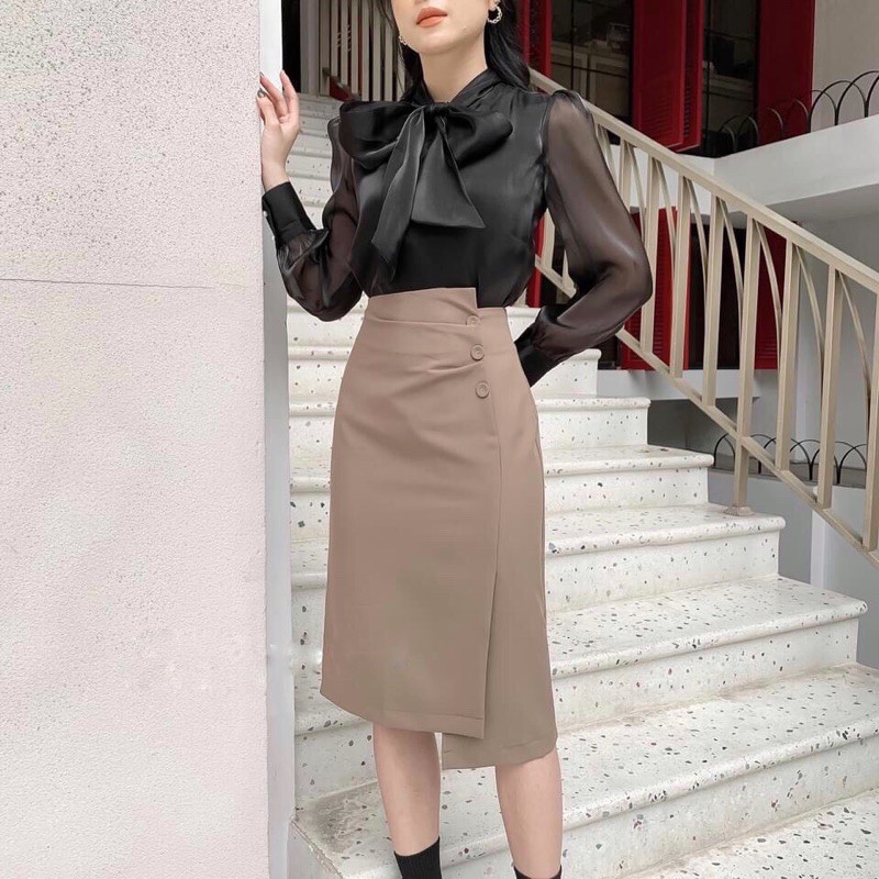 {Có Sẵn} Chân váy chéo vạt dáng dài công sở kèm hình thật ở cuối