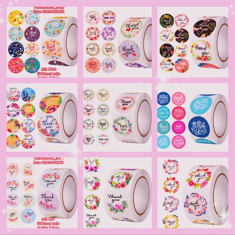 TEM01_STICKER-Tem chữ " Thank you"  SIZE  2.5CM, 500TEM/CUỘN- NHIỀU MẪU ĐẸP
