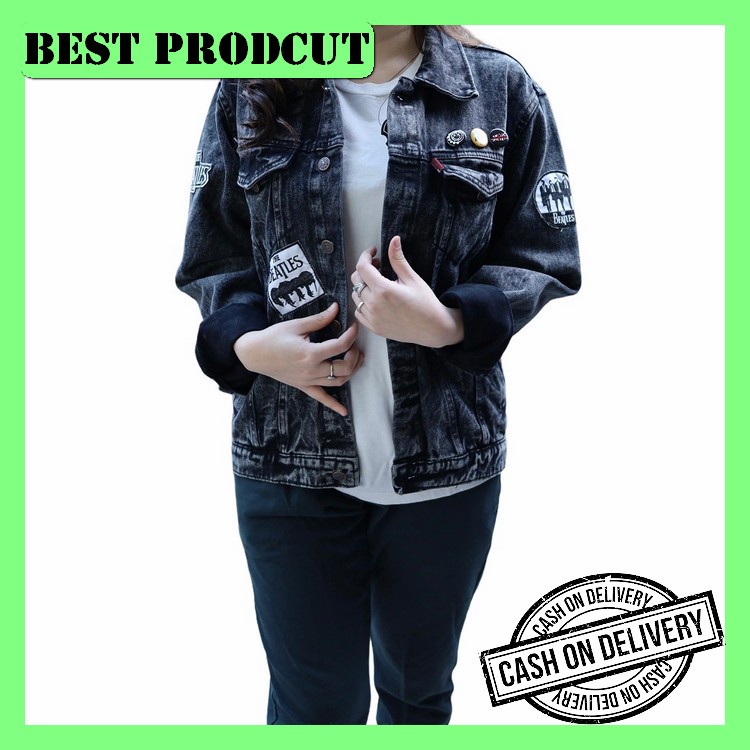 LEVIS Áo Khoác Jeans Cỡ Lớn Thêu Họa Tiết Màu Đen Phối Vết Rách Cá Tính Cho Nữ