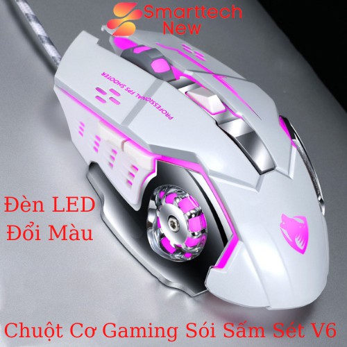 Chuột Máy Tính Chuột Cơ Gaming Có Dây V6 T - WOLF Có Đèn Led Full Led Đổi Màu Liên Tục, Siêu Nhạy, Đế Di Kim Loại