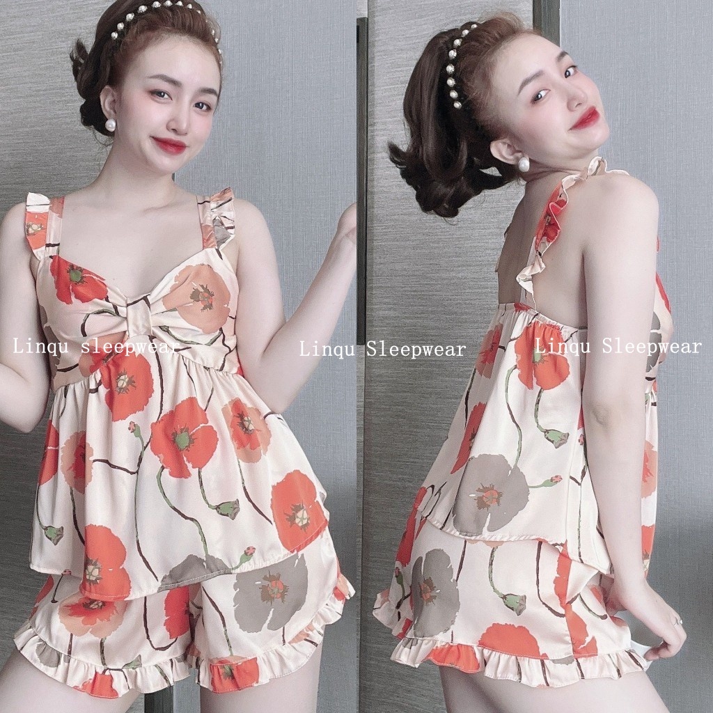 Đồ ngủ sexy 2 dây cánh tiên nhún nơ chất lụa latin mềm mịn, mát mẻ freesize 40-58kg - Linqustore