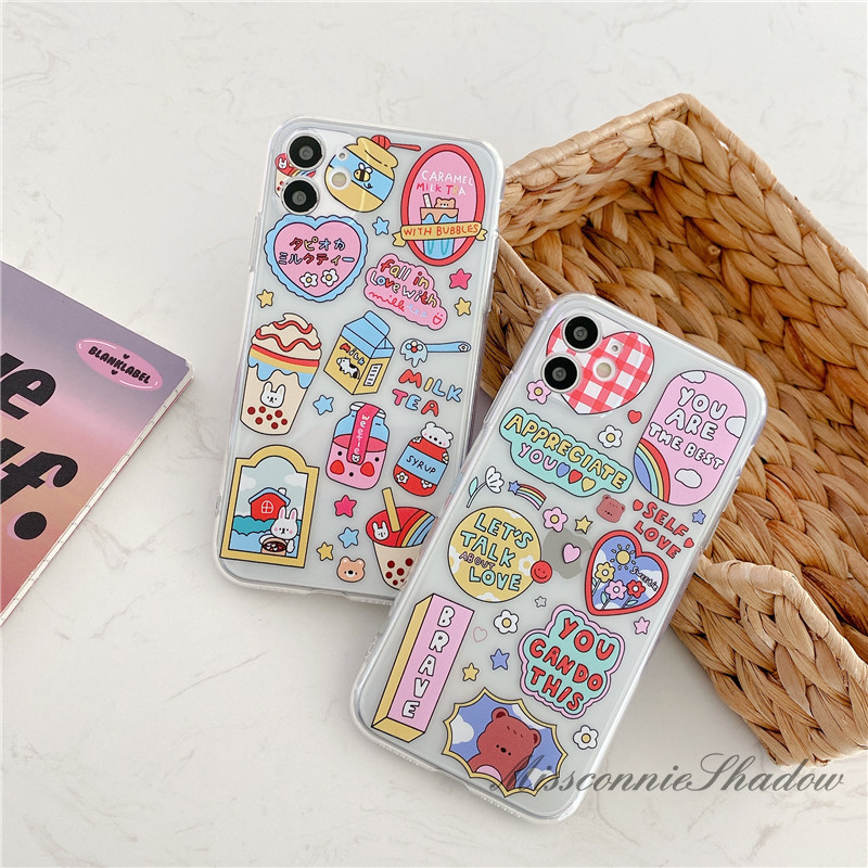 Casing Oppo A53 2020 Reno4 A12 A5 A9 2020 A37 A3s A5s A1K A52 A92 A7 A71 F7 F9 F9Pro F11 A12 A31 Reno 2F Ins Cute Cartoon Lable Sticker Clear Soft Cover