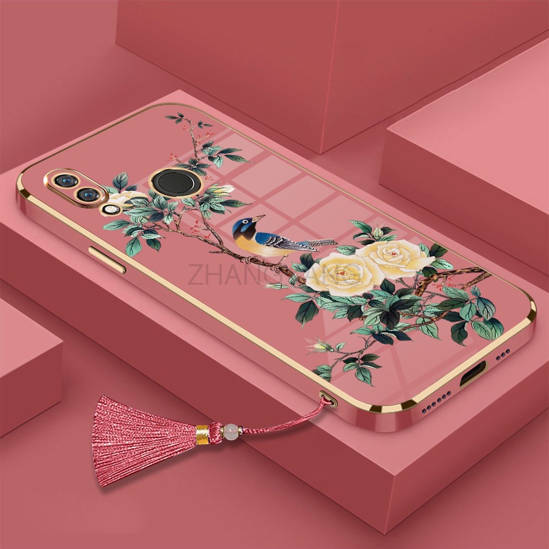 ốp lưng Huawei y7 2019 y7 prime 2019 y7 pro y6 2019 y6s y6 pro 2019 Vỏ điện thoại di động TPU hoa văn chim và hoa được mạ điện có dây buộc tua