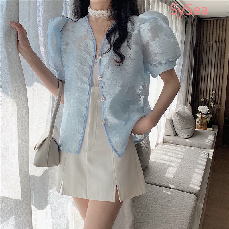 Áo Sơ Mi Voan Đính Nút Ngọc Trai Thời Trang Mùa Hè Dành Cho Nữ