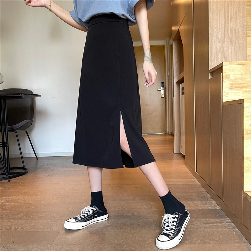 SUXI Chân váy midi chữ A lưng cao thiết kế xẻ tà thời trang hè cho nữ