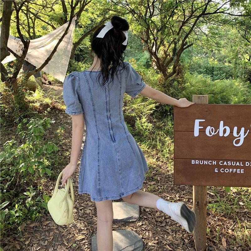 Váy denim tay phồng thiết kế thời trang phong cách Pháp cho nữ