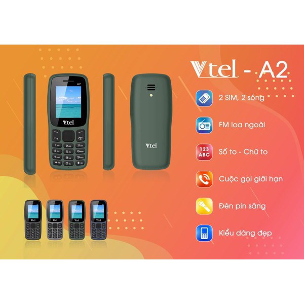 Điện Thoại Vtel A2 (2 Sim, 2 sóng) - Số To, Chữ To, Pin Bền, Thiết Kế Đẹp - Hàng Chính Hãng, Bảo Hành 12 Tháng