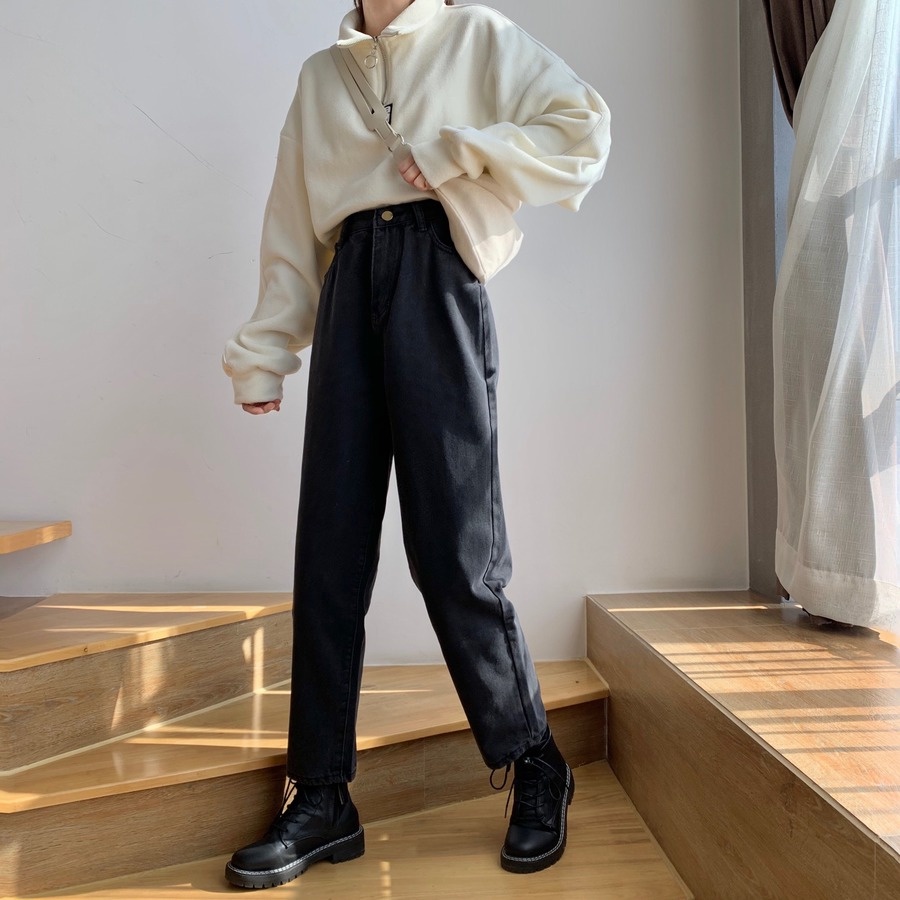 DUNEA Quần Denim Eo Cao Dáng Rộng Thời Trang L0329