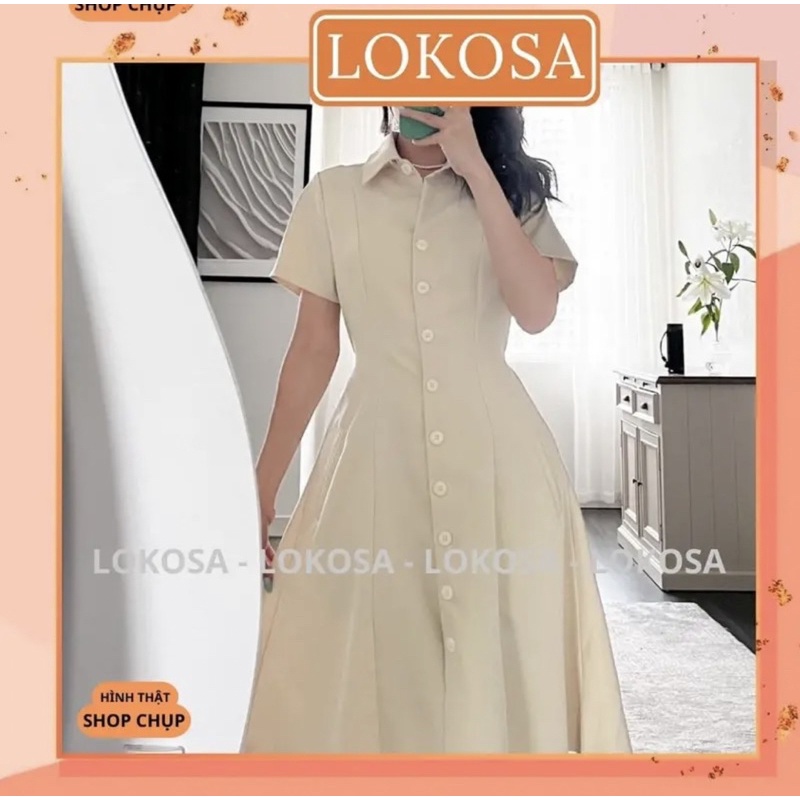 Váy Sơ Mi Dáng Dài Xòe Tay Ngắn LOKOSA Đầm Công Sở thu đông Có Hàng Nút Phong Cách Hàn Quốc Vintage đi dự tiệc VD106