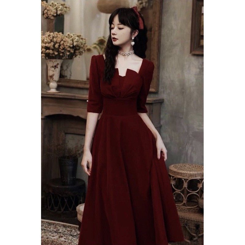 VÁY NHUNG ĐỎ ĐÔ DÁNG XOÈ DÀI 106cm TIỂU THƯ ( video quay- ảnh thật trải thảm) | BigBuy360 - bigbuy360.vn