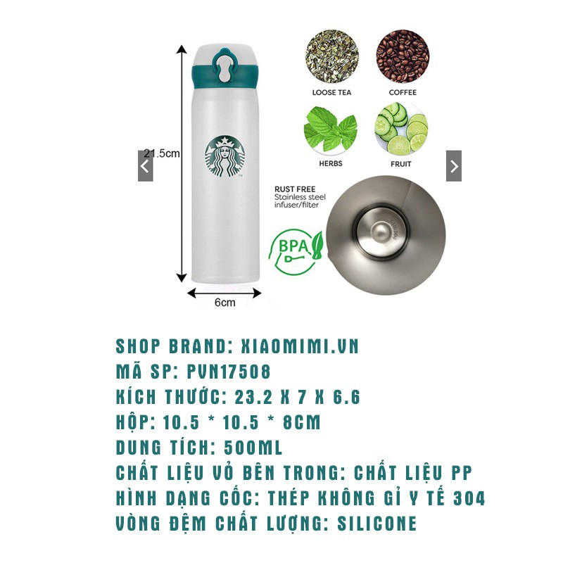 Bình nước giữ nhiệt 500ml starbucks cute chất liệu thép không gỉ 304 XIAOMIMI.VN PVN17508