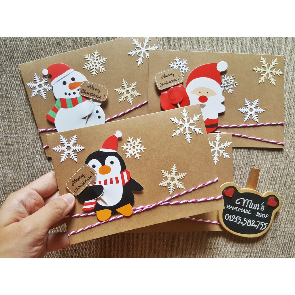 [6 MẪU] Thiệp Giáng Sinh handmade giấy Kraft - cánh cụt, người tuyết, ông già Noel