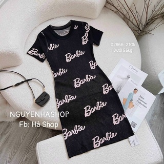 Đầm body tay ngắn cổ tròn in chữ barbie chất thun gân mềm mịn siêu hot