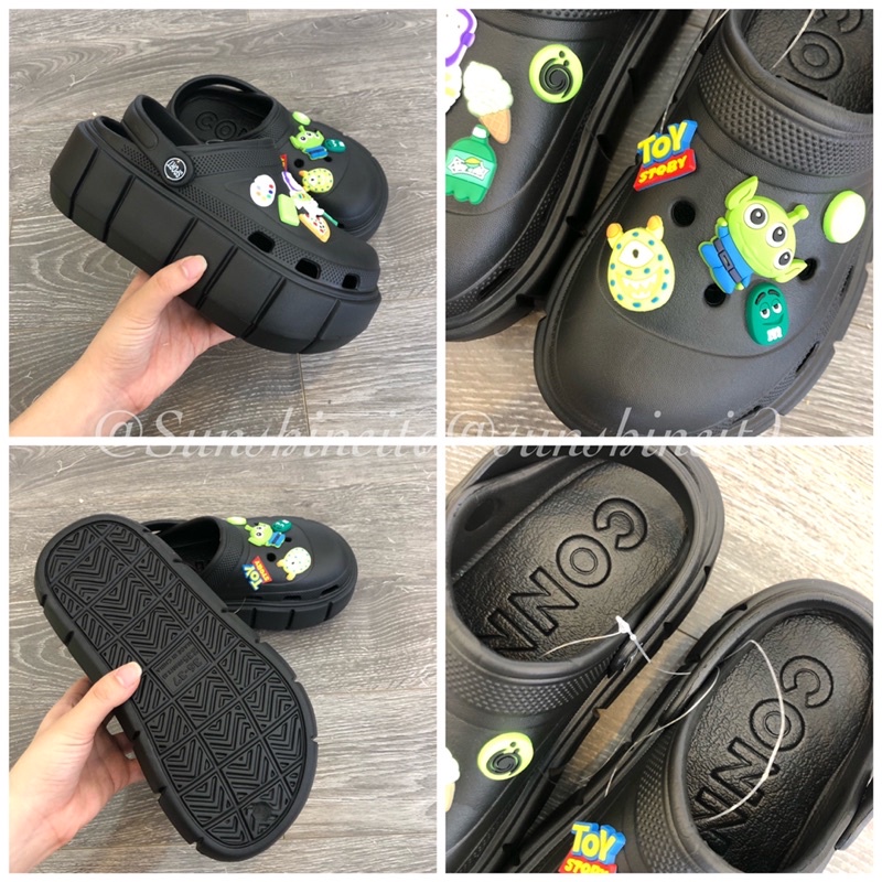 Dép Sục Crocs Đế Cao Hack Chân Đi Mưa Full Phụ Kiện Màu Xanh Trắng Đen