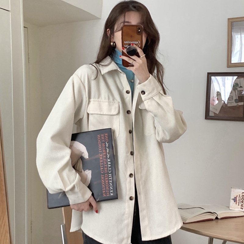 Áo sơ mi nhung kẻ tay dài dáng rộng phong cách retro 47230