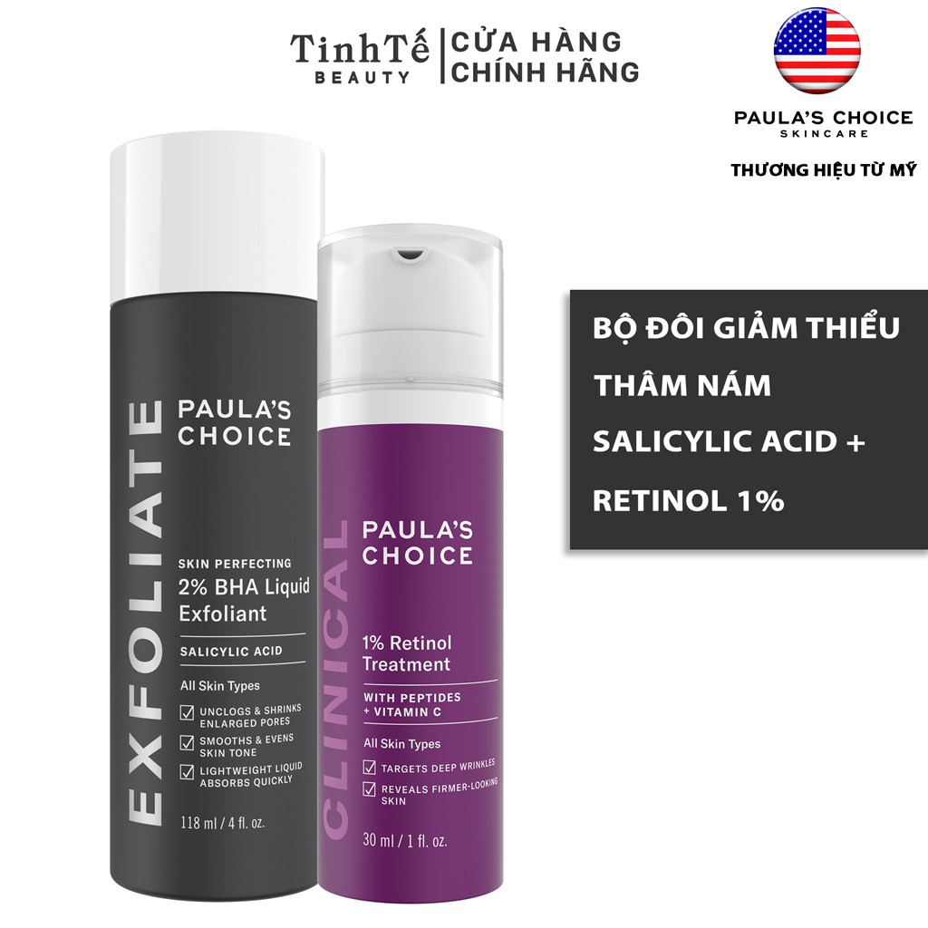 Bộ sản phẩm Paula's Choice giảm thiểu thâm nám và tàn nhang BHA + Retinol 118/30ml