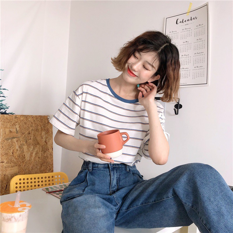 Áo Thun Nữ Ulzzang cổ tròn, Áo Phông Nữ kẻ ngang Hàn Quốc C49 - MaoMao