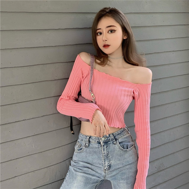 Set croptop dệt kim trễ vai dài tay dáng rộng phong cách Hàn Quốc thời trang