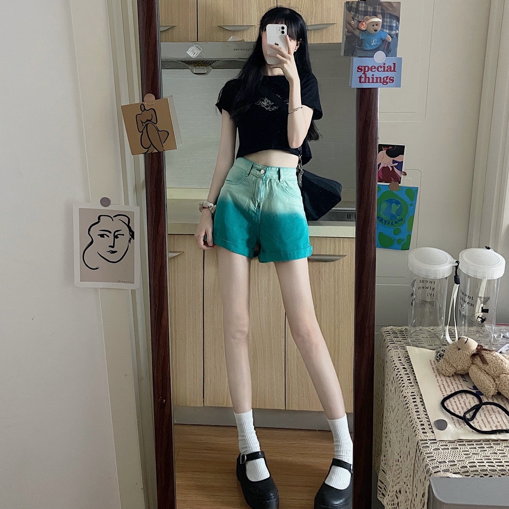Xiaozhainv Quần Đùi Denim Lưng Cao Ống Rộng Màu Gradient Cá Tính Phong Cách Hàn Quốc Sành Điệu Cho Nữ Với Size S-4Xl | BigBuy360 - bigbuy360.vn