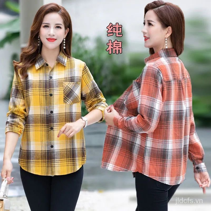 Áo sơ mi cotton tay dài kẻ sọc caro thời trang phong cách mùa thu dành cho phụ nữ trung niên