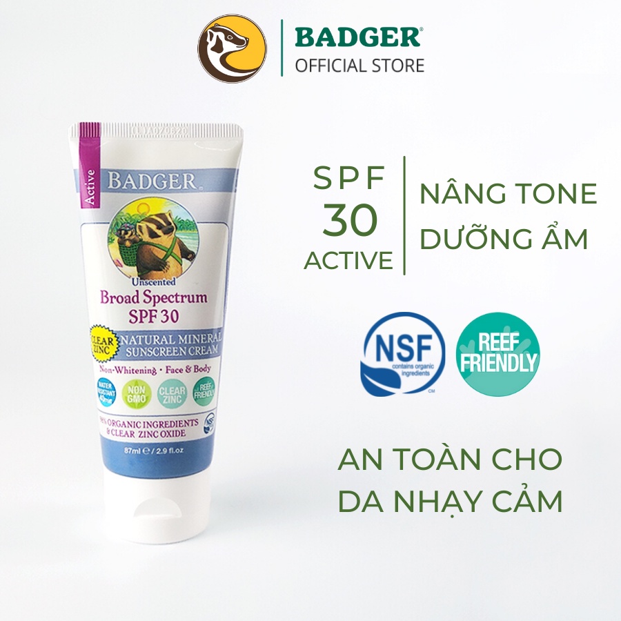 Kem chống nắng vật lý BADGER SPF 30 Active Sunscreen
