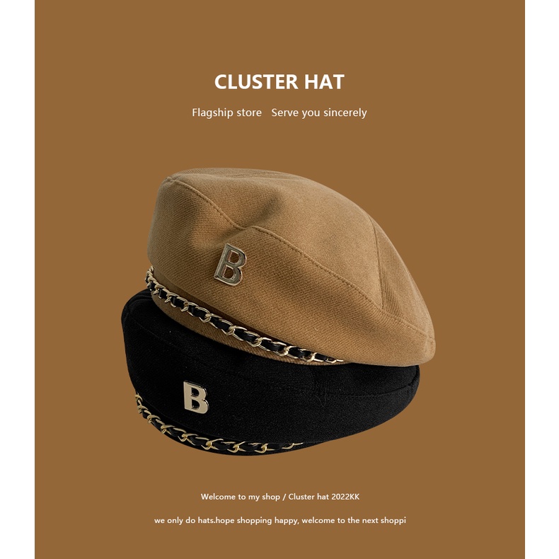 Mũ Beret Len Phối Dây Xích In Chữ B Kiểu Hàn Quốc Thời Trang Xuân Thu Dễ Phối Đồ