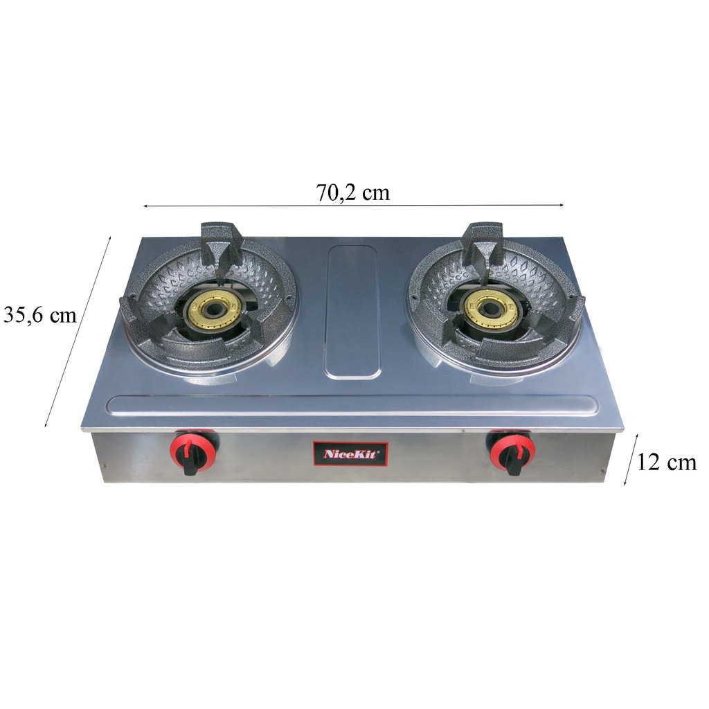 Bếp Gas Công Nghiệp Khè Gia Dụng NiceKit NK - 2 Lò, Kiềng Gang, Thân Bếp Inox Cao Cấp, Bảo Hành Chính Hãng 24 Tháng