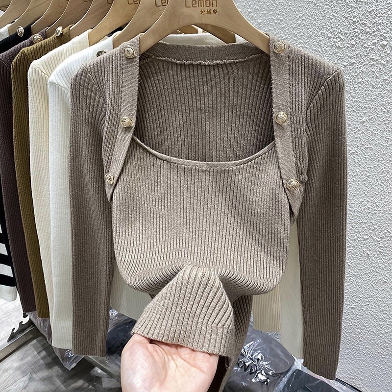 Ảnh Thật  áo len vạt tôm cổ vuông mix khuy đồng sang chảnh