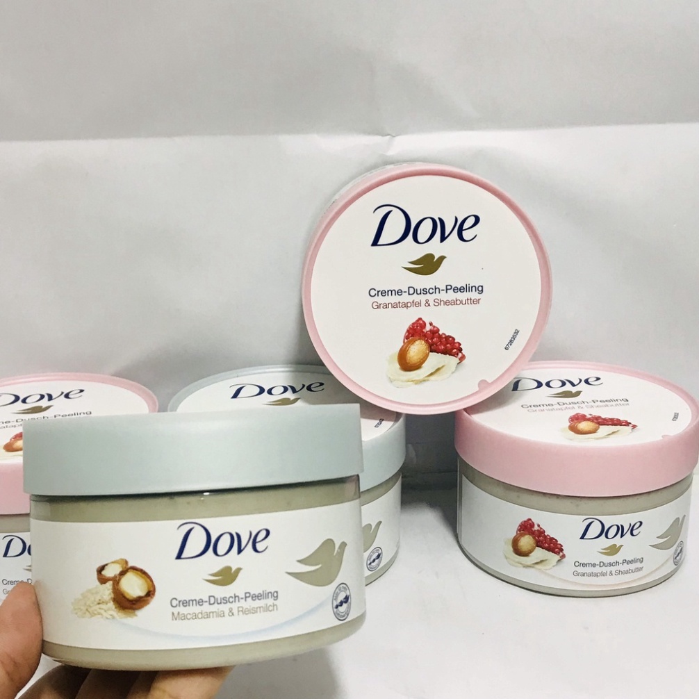 Tẩy da chết body DOVE Mỹ, Đức Macca Lựu đỏ giúp da mịn màng chiết xuất từ thiên nhiên 225G