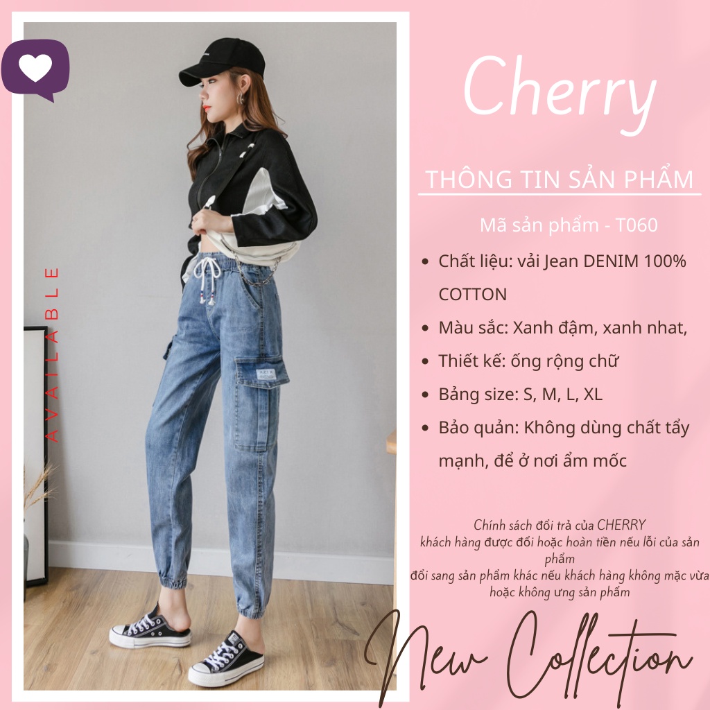 Quần jean nữ CHERRY, quần bò baggy túi hộp chất vải Denim dày đẹp cao cấp đủ màu xanh, đen, xám phong cách hàn quốc T060 | BigBuy360 - bigbuy360.vn