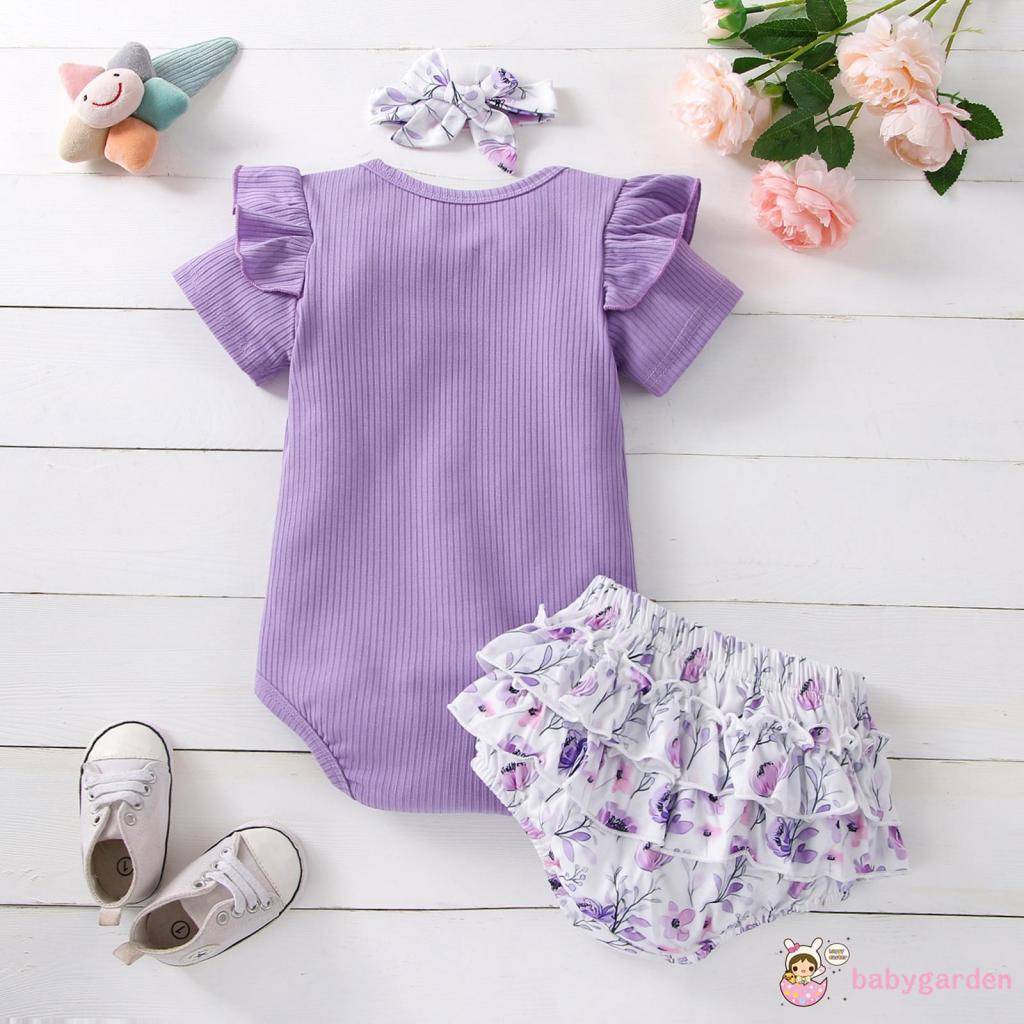 BABYGARDEN Newborn Girl Three-Piece Outfits, Short Sleeve Round Neck Romper + Floral Print Bow Decor Ruffles Shorts +