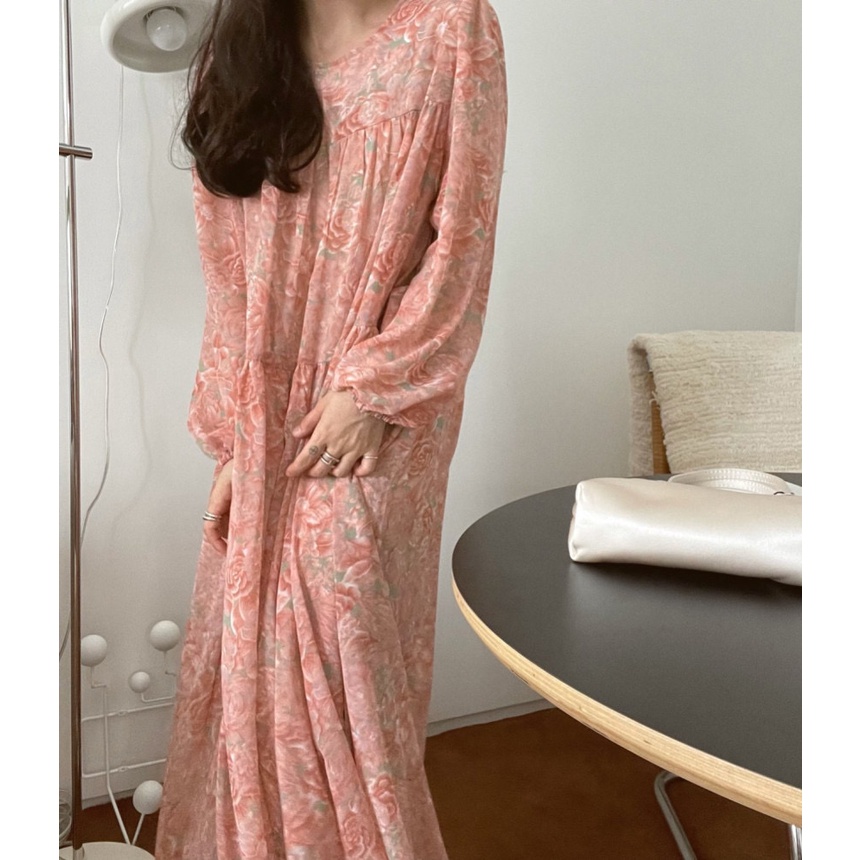 Korean chic spring French retro design printed bubble sleeve waist lace up medium length Chiffon Dress