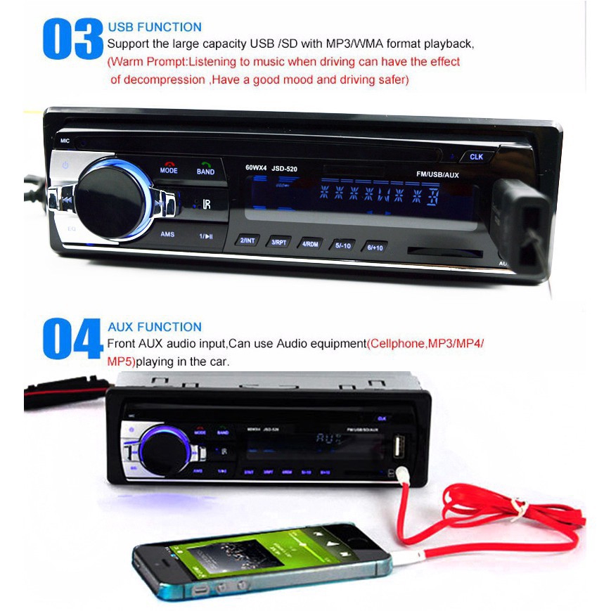 Máy nghe nhạc mp3 4x60w hỗ trợ nghe radio FM 12V AUX bluetooth cho xe hơi