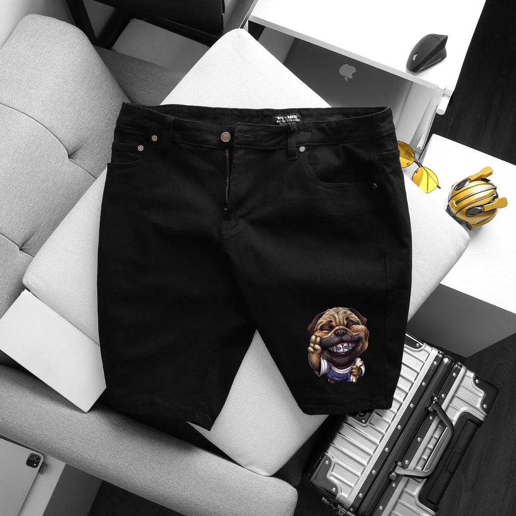 [bigsize] Quần short kaki jean in hình chó hey siêu độc bigsize nam