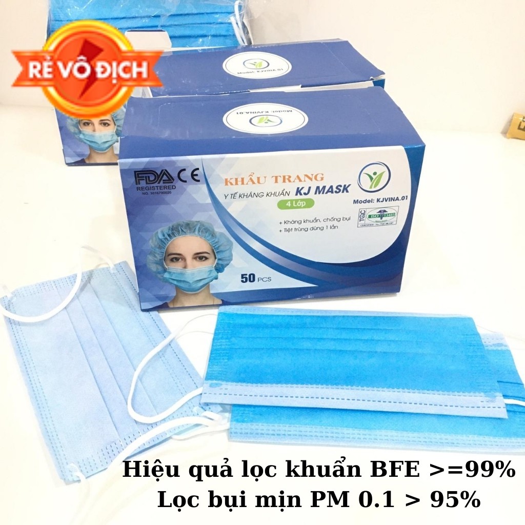 Khẩu trang y tế 4 lớp kháng khuẩn KJ Mask KJVINA.01 có nẹp mũi bảo vệ khói bụi độc hại (1 chiếc)