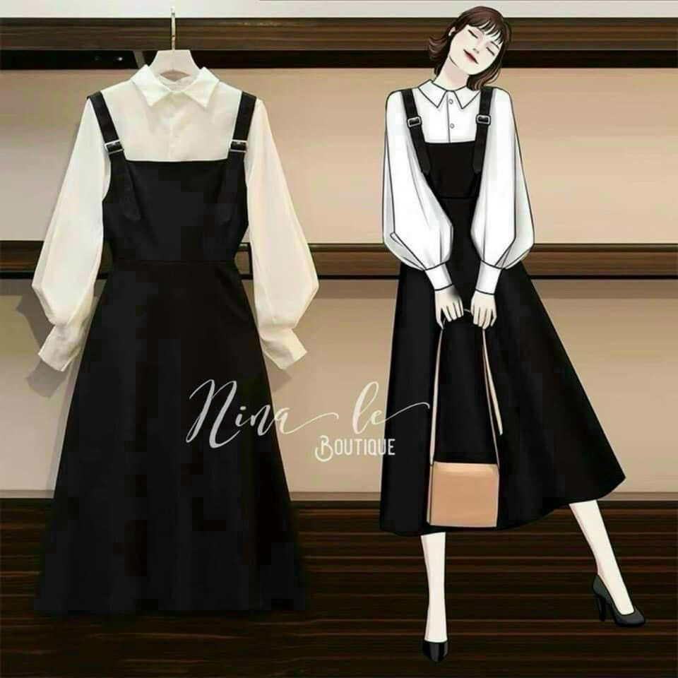 (Hàng sẵn) ✔️Set yếm khuy kèm sơ mi tay phồng nữ hothit💙 | BigBuy360 - bigbuy360.vn