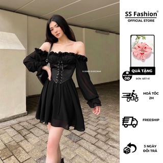 Đầm xoè trễ vai tay dài thắt dây ngực