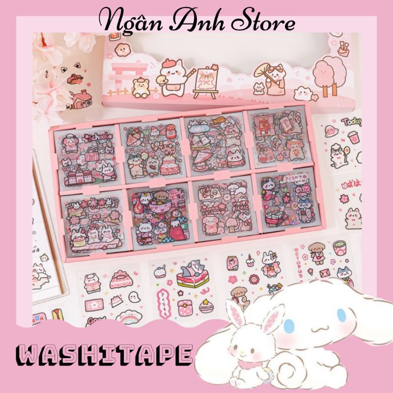 Lẻ 1 tấm sticker ngẫu nhiên chủ đề Mèo và Cún hồng phấn cute chống nước trang trí sổ