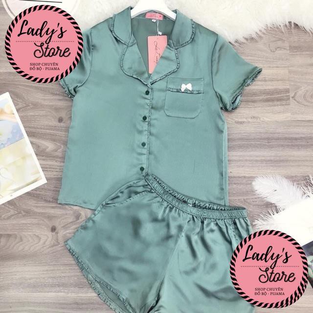 Đồ bộ nữ pijama áo cộc quần đùi kiểu dáng viền bèo dễ thương chất liệu satin JUSOKA